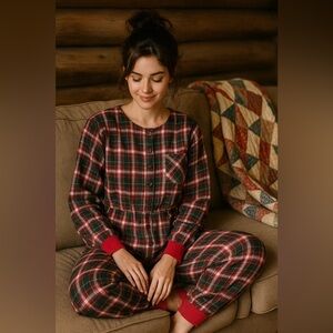Vintage 90s Ashley Taylor Country Womens Flannel Pajama Romper Sz L Red Plaid